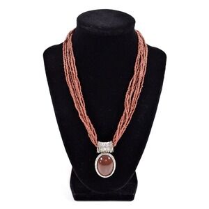 Silver Tone Multi Strand Brown Bead Necklace w/ Pendant 21"